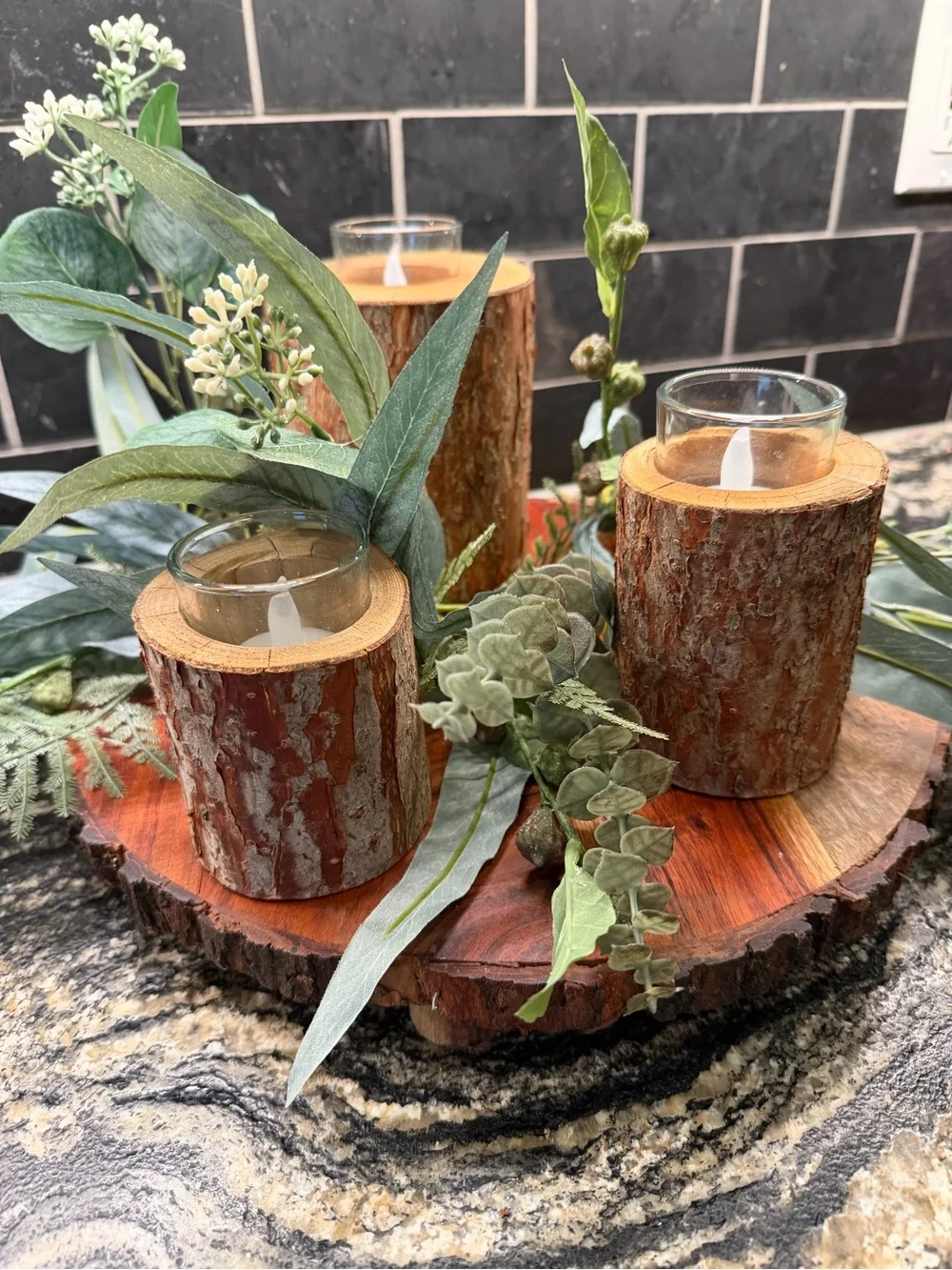 Rustic Lodge Cabin Wood Bark Votive Candle Holders - Natural Brown Centerpiece - Picture 2 of 15